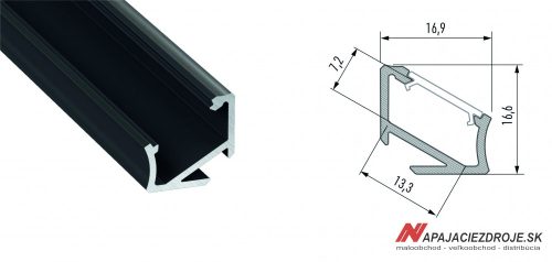 ALU PROFIL TYP H ROHOVÝ (30°/60°) pro 1 x 12MM LED (ČERNÝ ANODIZOVANÝ)