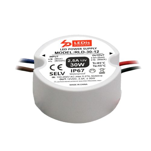 LEDis RLD-30-12, kruhový LED napájecí zdroj 30W/12V, IP67, ø=55mm, do krabičky