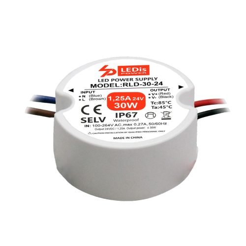 LEDis RLD-30-24, kruhový LED napájecí zdroj 30W/24V, IP67, ø=55mm, do krabičky